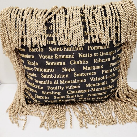 Borgata Gold Fringed Pillow Throw Brown Background Gold Lettering Wine Theme - Picture 4 of 4